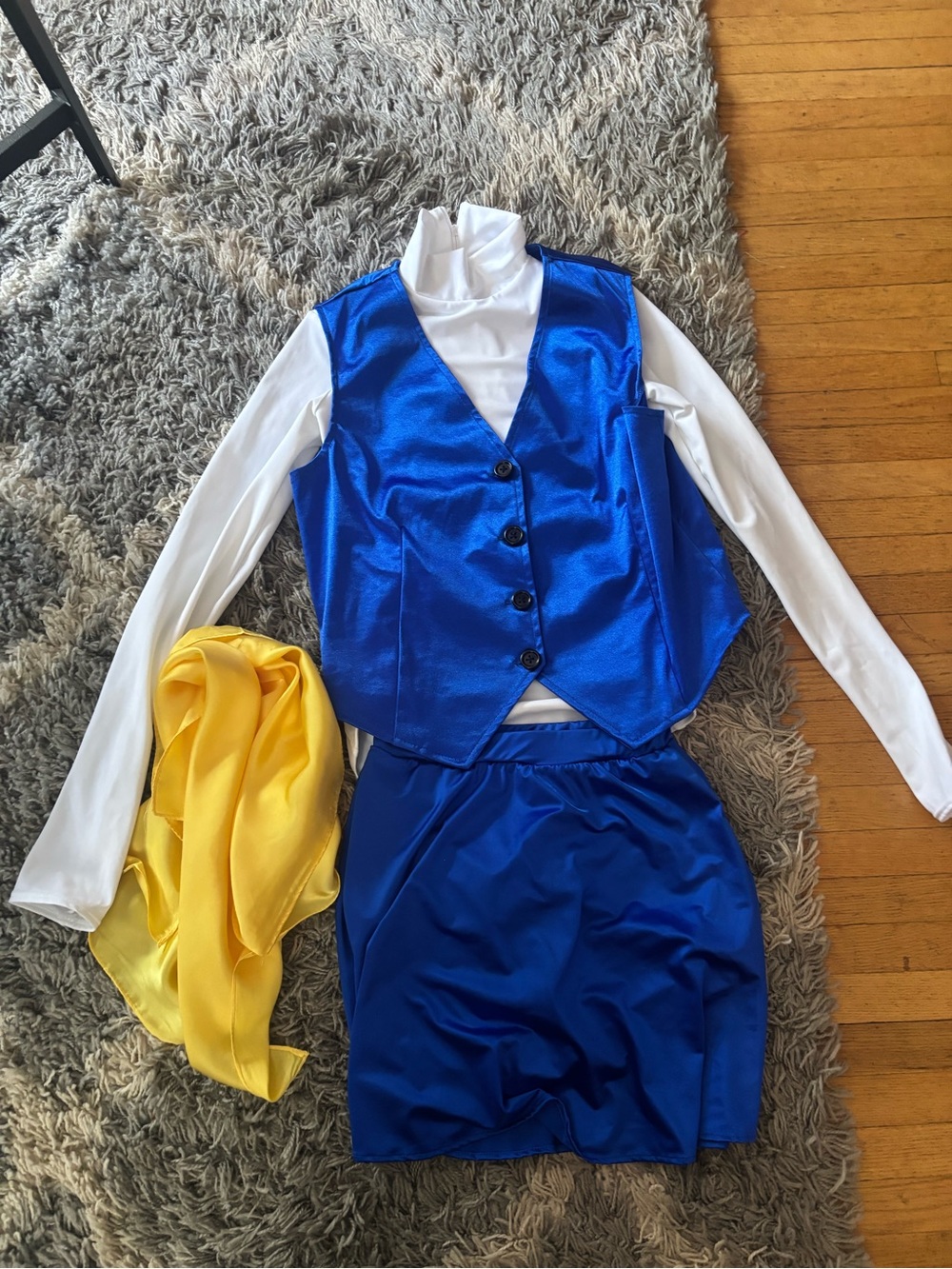 Weissman Blue Satin Vest and Skirt Costume with White Top and Yellow Sash